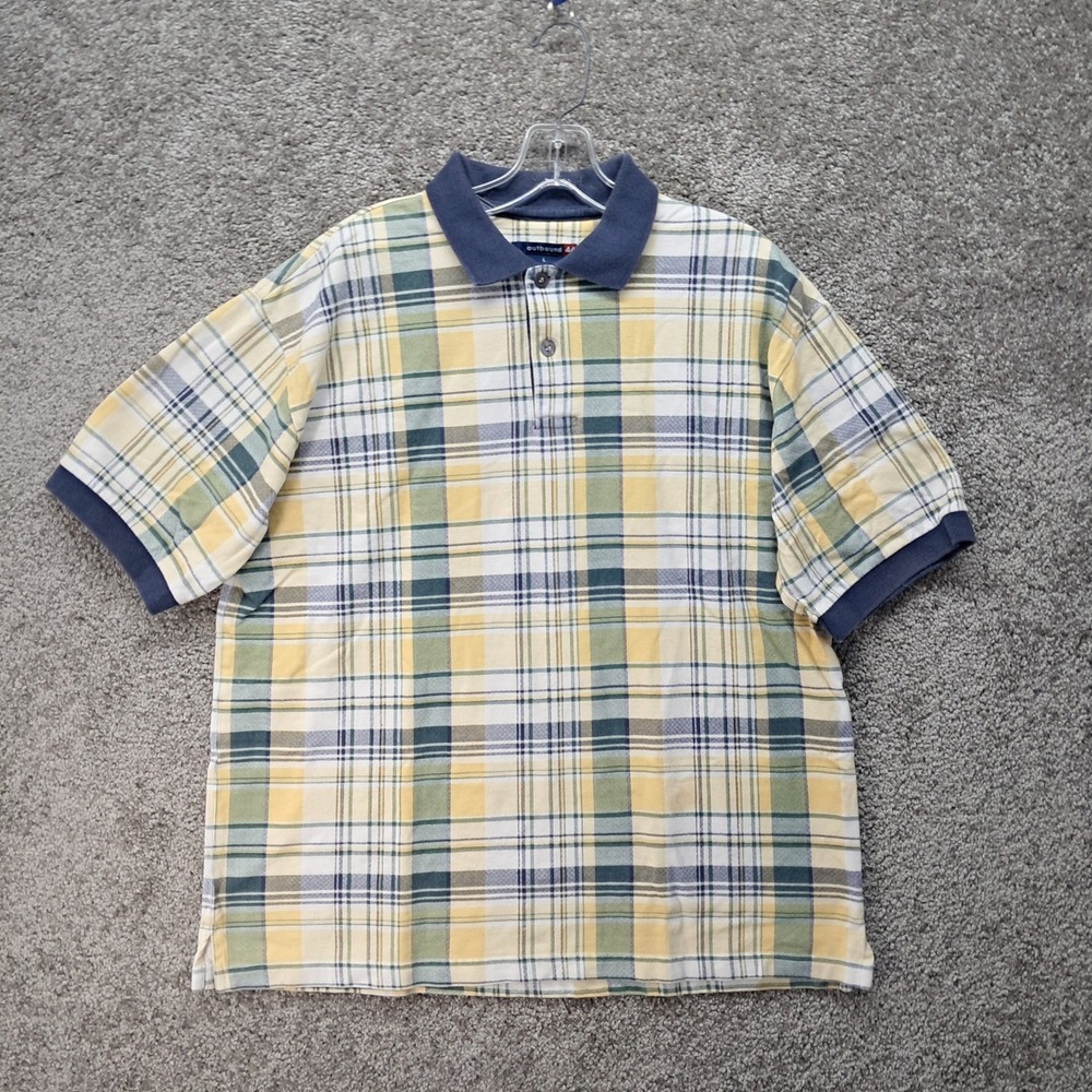 Outbound 44 Mens Yellow Green Blue Plaid Cotton Polo Shirt Large Short Sleeve